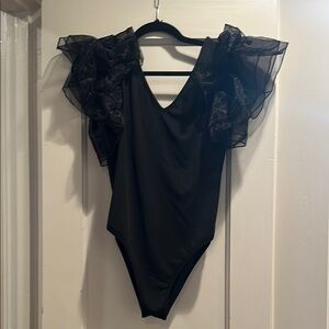 Women’s V Neck Ruffle Mesh Sleeve Stretchy Romper Bodysuit Black L